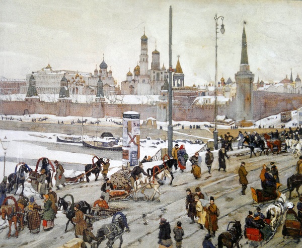 Москва 1908 год. Кремлевская набережная. Большой Москворецкий мост. Картина Юона